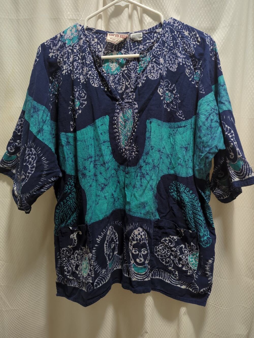 GYPSY ROSE Tunic Top One Size Blue Buddha Printed Boho Peasant Hippie